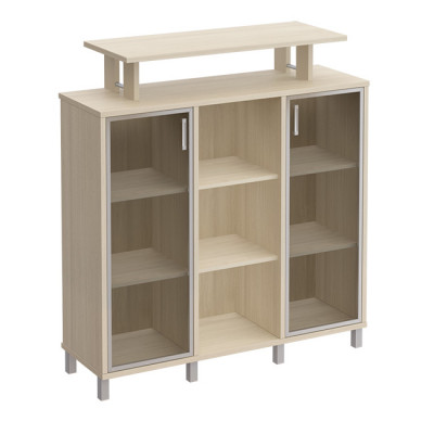 Стеллаж средний с надстройкой и стеклянными дверками дуб шамони 801-522