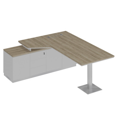 Стол руководителя эргономичный на опорной тумбе левый дуб гладстоун светлый / белый премиум / белый премиум СИ 115 ДС БП БП