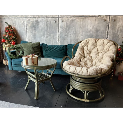 Вращающееся кресло из ротанга Папасан Челси в цвете олива