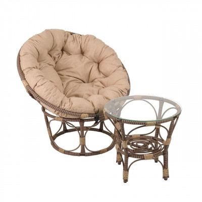 Кресло Папасан, искусственный ротанг, подушка бежевая
